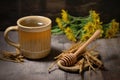 dandelion root tea in a rustic mug on stoneware Royalty Free Stock Photo