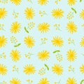 Dandelion seamless pattern. Cute spring floral print. Yellow flowers on light blue background. Royalty Free Stock Photo