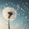 Dandelion with seeds blowing away in the wind across a clear blue sky. ai generative Royalty Free Stock Photo
