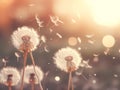 Dandelion seeds dispersing on a warm summer breeze at sunset Royalty Free Stock Photo