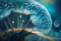 Dandelion Seeds in droplets of water on blue and turquoise beautiful background Royalty Free Stock Photo