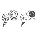 Dandelion seeds fly to sun line and solid icon, nature and climate concept, flower and sunshine vector sign on white