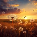 Dandelion seeds flying across the sunset Royalty Free Stock Photo