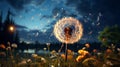 A dandelion with seeds flying in the air. Generative AI. Royalty Free Stock Photo