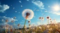 A dandelion with seeds flying in the air. Generative AI. Royalty Free Stock Photo