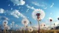 A dandelion with seeds flying in the air. Generative AI. Royalty Free Stock Photo