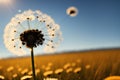 Dandelion seeds in the sunlight blowing away across a fresh green morning background, generative ai Royalty Free Stock Photo