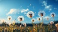 Dandelion seeds in wind flying into sky Royalty Free Stock Photo