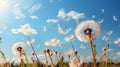 Dandelion seeds in wind flying into sky Royalty Free Stock Photo