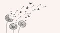Dandelion. Sketch dandelions, flying seeds and butterflies silhouettes. Floral garden, wild flowers background. Freedom