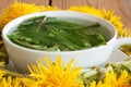 Dandelion tea - hot water poured over fresh dandelion leaves Royalty Free Stock Photo