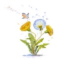 Dandelion Watercolor, Birds Singing Illustrations, Spring Baby Card Template