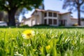 dandelion weed flowering amidst trimmed lawn Royalty Free Stock Photo