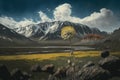 dandelion in the windswept wilderness, with towering mountains in the background