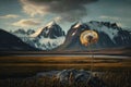 dandelion in the windswept wilderness, with towering mountains in the background