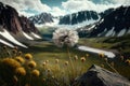 dandelion in the windswept wilderness, with towering mountains in the background