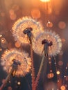 Dandelions with dewdrops at sunrise, bokeh light effect., Generated AI Royalty Free Stock Photo