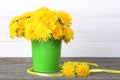 Dandelions in green bucket on wood background