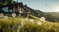 Dandelion Dandelions: A Grassy Landscape With House And Hills