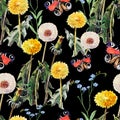 Dandelions , meadow flowers, butterfly, watercolor, pattern seamless