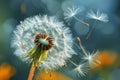 Dandelions seeds dispersing in the wind. Generative AI