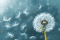 Dandelions seeds dispersing in the wind. Generative AI