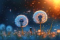 Dandelions seeds dispersing in the wind at sunset. Generative AI