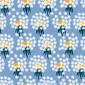 Dandelions vector illustration. White flower in flat style on a blue background. Floral seamless pattern. Royalty Free Stock Photo