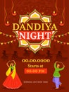 Dandiya Night Party Invitation Card With Indian Couple Dancing On Burnt Red Background Decorated By Lit Oil Lamps Diya Royalty Free Stock Photo