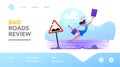 Danger Accident on Bad Road Landing Page Template. Female Character Stumble and Falling on Broken Roadside, Trauma