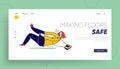 Danger Accident, Slip and Stumble Landing Page Template. Female Character Slipping and Falling on Wet Floor Puddle