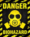 Danger Biohazard warning label sign, gas mask icon. Infected Specimen, black and yellow danger symbol with worn, scratchy and