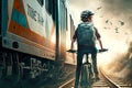 Danger child cyclist playing on railroad crossing accident rails