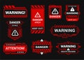 Danger and dangerous zone warning red frames set vector illustration. HUD interface caution symbols