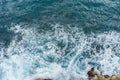 Danger deep blue ocean with wave crashing on rock coast with spray and foam aerial view Royalty Free Stock Photo