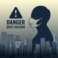 Danger dust hazard concept with human wearing dust masks in City Building and dust vector design