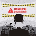 Danger dust hazard concept with human wearing dust masks in City with dust and smoke vector design