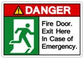 Danger Fire Door Exit Here In Case Of Emergency Symbol Sign, Vector Illustration, Isolate On White Background Label. EPS10 Royalty Free Stock Photo