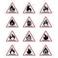 Danger fire icons with flame isolated on white