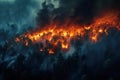 danger forest fire in pine forest at night. Aerial top view