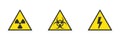 Danger, hazard, warning yellow vector signs of high voltage, biohazard, radiation