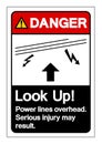 Danger Look Up Power lines overhead Serious injury may result Symbol Sign, Vector Illustration, Isolated On White Background Label Royalty Free Stock Photo