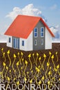 The danger of natural radon gas in our homes - concept with home icon and radon gas rising from underground