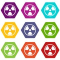 Danger nuclear icon set color hexahedron