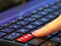 Danger online internet dark web fear user finger pressing pushing red button computer