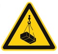 Danger overhead, crane load falling hazard risk sign, cargo icon signage, isolated black triangle over yellow, large macro closeup Royalty Free Stock Photo