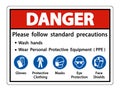 Danger Please follow standard precautions ,Wash hands,Wear Personal Protective Equipment PPE,Gloves Protective Clothing Masks Eye