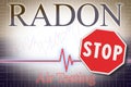 The danger of radon gas - concept with check-up chart about radon level testing and stop road sign