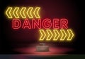 Danger red neon text and triangle sign with exclamation mark. Warning design. Night bright neon sign, colorful billboard