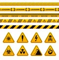 Danger ribbon and sign. Yellow construction ribbons, warning toxic dangerous signs. Security and safety, stripes caution Royalty Free Stock Photo